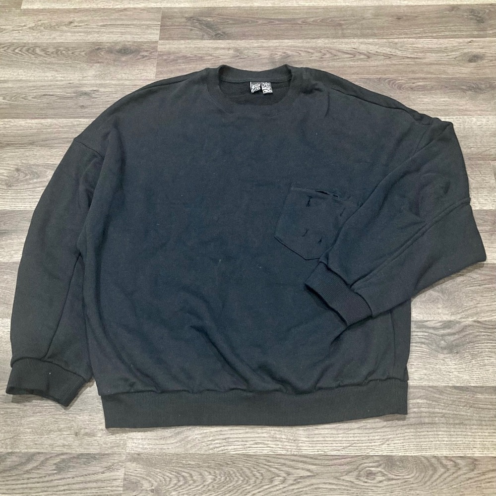 Y2K Drop Dead black oversized distressed pocket crewneck sweatshirt